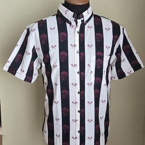 The Drive Clothing Men's Black and White Striped Shirt with Skull Design…